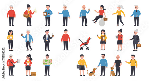 A diverse collection of cartoon-style people, including men, women, and elderly individuals, engaged in various daily activities and roles, with some holding objects like packages, phones, 