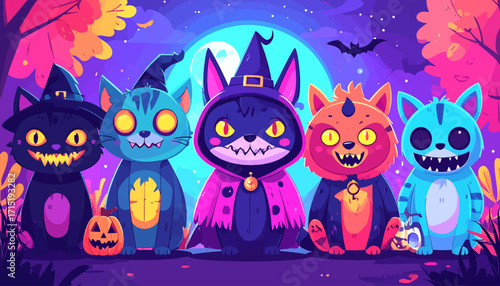 A whimsical lineup of five adorable cartoon cats dressed in vibrant Halloween costumes, ready for a playful and spooky autumn night under a glowing full moon