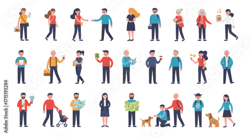 Diverse group of people in various poses and activities, cartoon style.