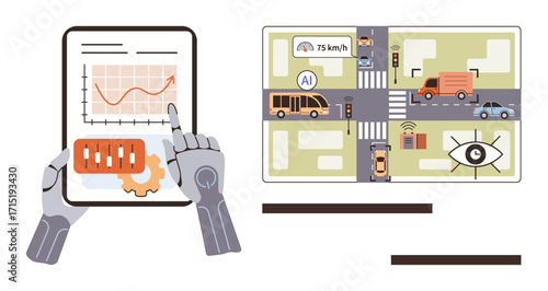 Robot hands operate tablet analyzing traffic increase with mechanical tools. Adjacent map shows AI-monitored vehicles, crosswalks, and data dashboards. Ideal for AI, innovation, automation, smart