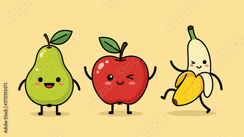 Adorable Kawaii Fruit Trio: Happy Pear, Winking Apple, and Dancing Banana Cartoon Illustration