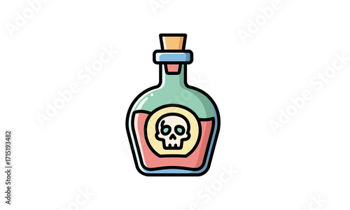 Vintage Glass Bottle Filled With Pink Liquid and Skull Symbol.