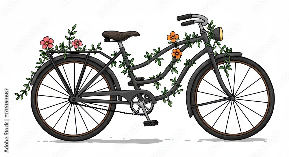 Obraz premium A vintage bicycle adorned with vibrant flowers and climbing vines, presented in a charming and artistic style.