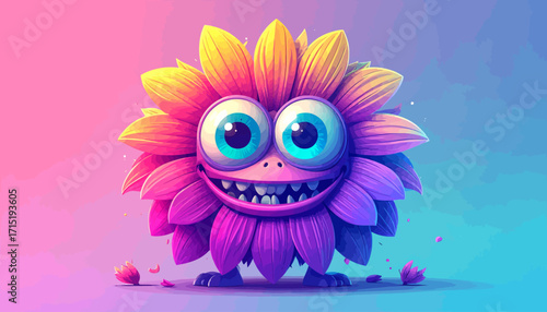 Whimsical Flower Character with Big Eyes and a Grinning Smile on a Colorful Gradient Background