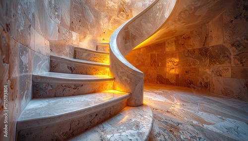 Abstracted Spiral Staircase in Warm Light with Textured Walls and Mosaic Tiles