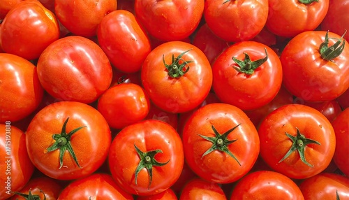 Abundance of Vibrant Red Tomatoes Background in Overhead Close Up Still Life with Fresh Green Stems and Textured Skin