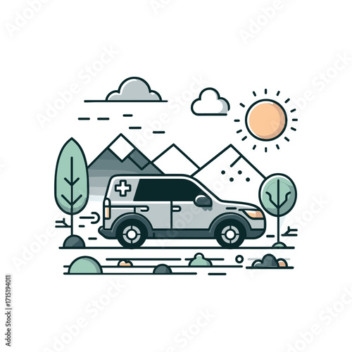 Ambulance driving through a mountainous landscape