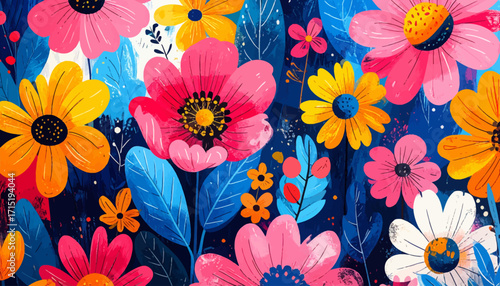 A vibrant folk art illustration of a blooming wildflower meadow, featuring a dense pattern of colorful stylized flowers