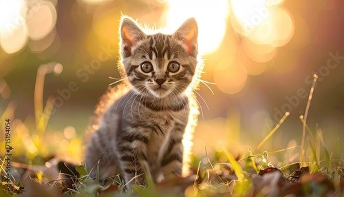 Adorable Tabby Kitten Portrait in Golden Sunlight with Bokeh Background and Green Grass in Outdoor Setting