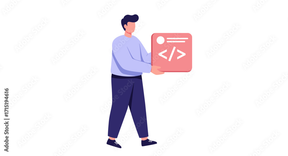 Obraz premium Stylized illustration of a man holding a red square icon with a programming code symbol, representing software development.