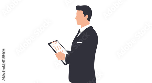 Businessman reviewing documents, profile view, formal attire, clipboard.