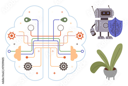 Stylized brain with gears and circuits, robotic figure holding shield, potted plant symbolizing sustainability. Ideal for AI, cybersecurity, robotics, nature, technology, sustainability innovation