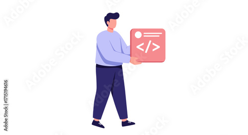 Stylized illustration of a man holding a red square icon with a programming code symbol, representing software development.