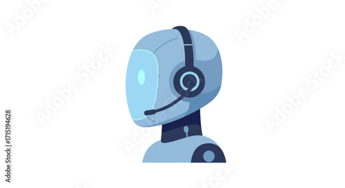 A stylized illustration of a robot head wearing a headset, suggesting customer service or communication.