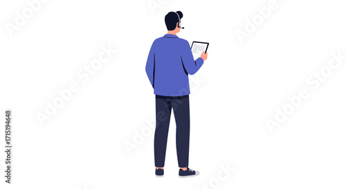 A person wearing a headset and holding a tablet, facing away, isolated on white.