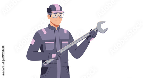 A male mechanic in work attire holding a large wrench, ready for a repair.