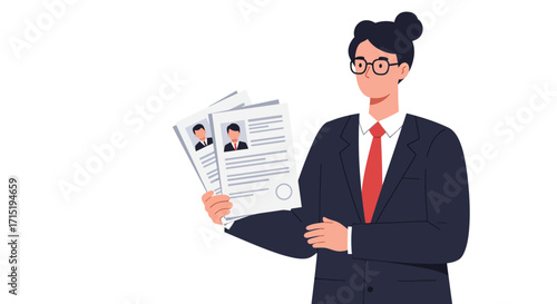 Woman in a suit holding two resumes with photos, possibly for a job interview or recruitment process.