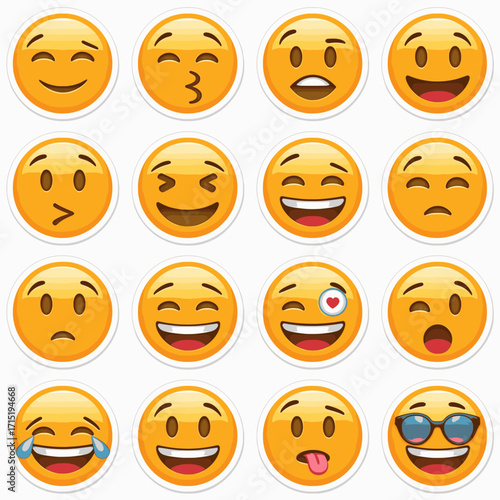 A set of emoji-inspired stickers in vector format with solid colors and white background, featuring expressive and fun facial expressions