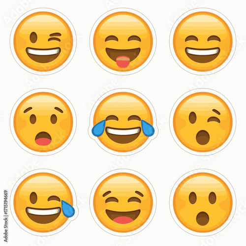 A set of emoji-inspired stickers in vector format with solid colors and white background, featuring expressive and fun facial expressions