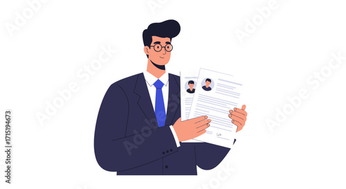 A man in a suit and tie holds up two resumes with photos, reviewing job applications.