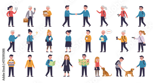 A diverse collection of flat vector illustrations showing people of different ages and genders engaged in various everyday activities.