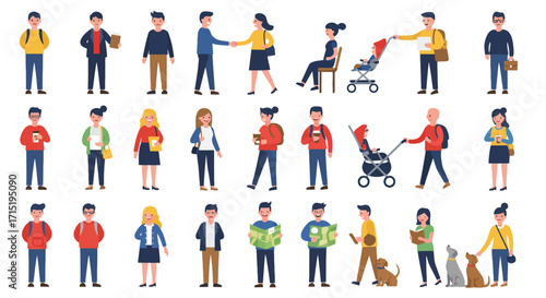 A diverse collection of people in various everyday scenarios, including interactions, carrying items, and with pets.