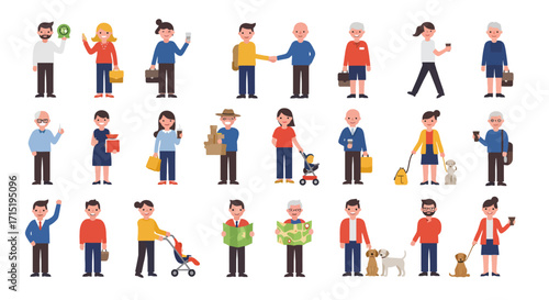 A diverse collection of flat design cartoon characters representing various people, ages, and activities in everyday life.