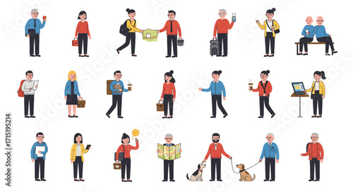 Diverse group of people engaged in various activities, including walking, holding items, and interacting.