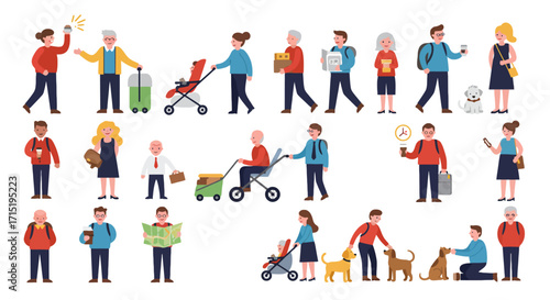 Diverse group of people illustrated in various activities and situations.