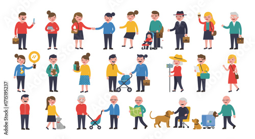 A diverse collection of cartoon characters representing different life stages, relationships, and daily activities on a white background.