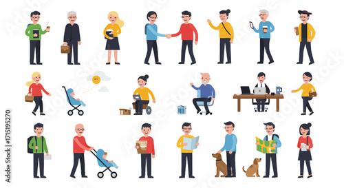 Collection of diverse people in various activities, showcasing different ages, styles, and interactions.