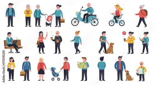 Illustration of people doing various activities in a public space.