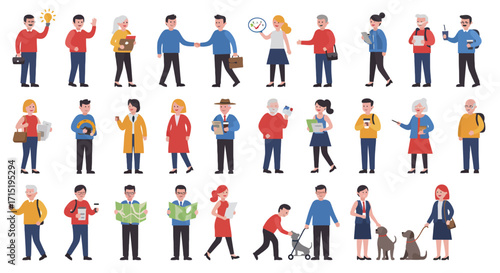 Diverse group of people in various poses and activities.
