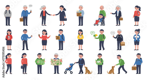 Illustration of diverse people in various activities, showcasing different ages, professions, and interactions.