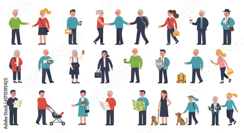 Diverse group of senior citizens engaging in various activities, including walking, socializing, and carrying items.