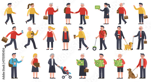 A diverse collection of cartoon people characters in various poses and activities, including students, business professionals, and families.