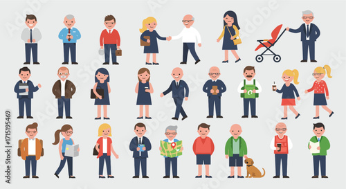 A diverse collection of cartoon-style people of various ages and genders engaged in everyday activities, including walking, holding drinks, and interacting.