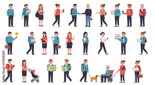 A diverse collection of cartoon characters representing various everyday activities and professions, depicted in a flat design style.
