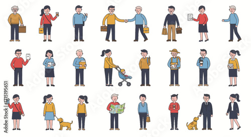 Diverse group of people in various poses and activities, depicted in a flat, cartoon style.