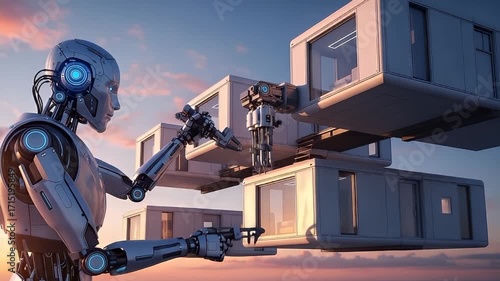 Humanoid AI robot overseeing futuristic modular construction of floating smart homes against a vibrant sunset sky