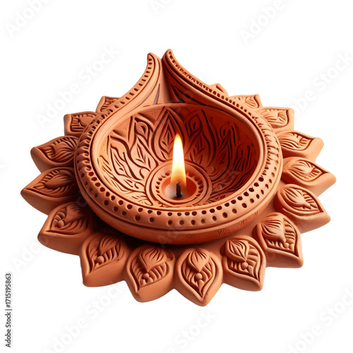 3D Clay diya lamp isolate on white background