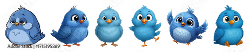 Blue cartoon bird set including various poses and expressions isolated. Cute character design elements.