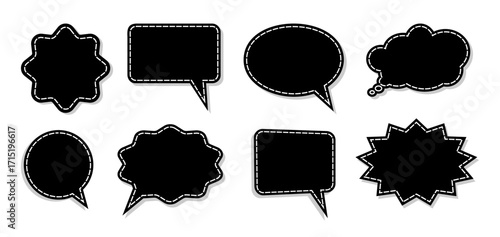Collection of Black Speech Bubbles with White Stitching. Black speech bubble with white dash line inside.