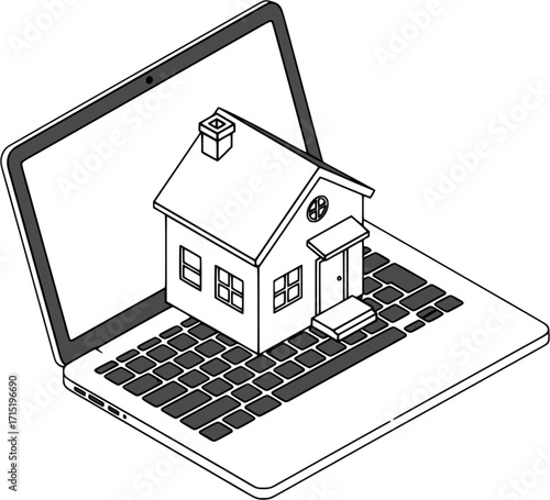 Digital Home Buying A Laptop with a Miniature House Representing Online Real Estate