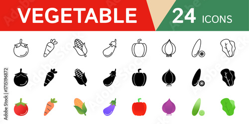 A collection of vegetable icons such as tomatoes, carrots, corn, eggplant and others.