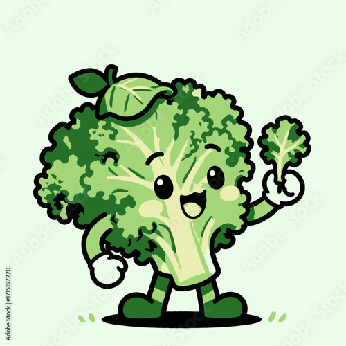 A cheerful broccoli character, anthropomorphized with arms, legs, and a leaf hat, happily presents a small kale leaf.