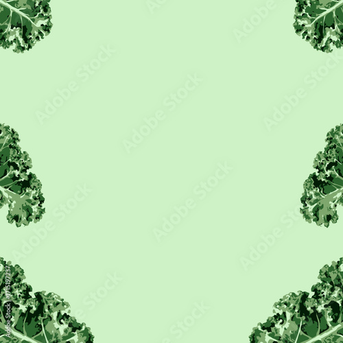 Four clusters of kale leaves arranged in the corners of a light green background, creating a frame.