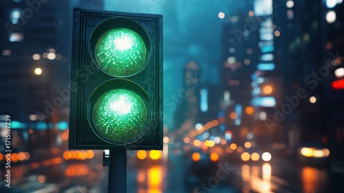 Wallpaper Mural Close-up of a green traffic light glowing brightly at night with a blurred city street and illuminated buildings in the background Torontodigital.ca