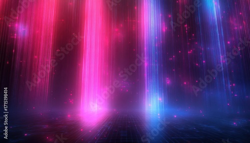 Abstract digital landscape with vibrant pink and blue vertical light beams and glowing particles creating a futuristic and energetic atmosphere