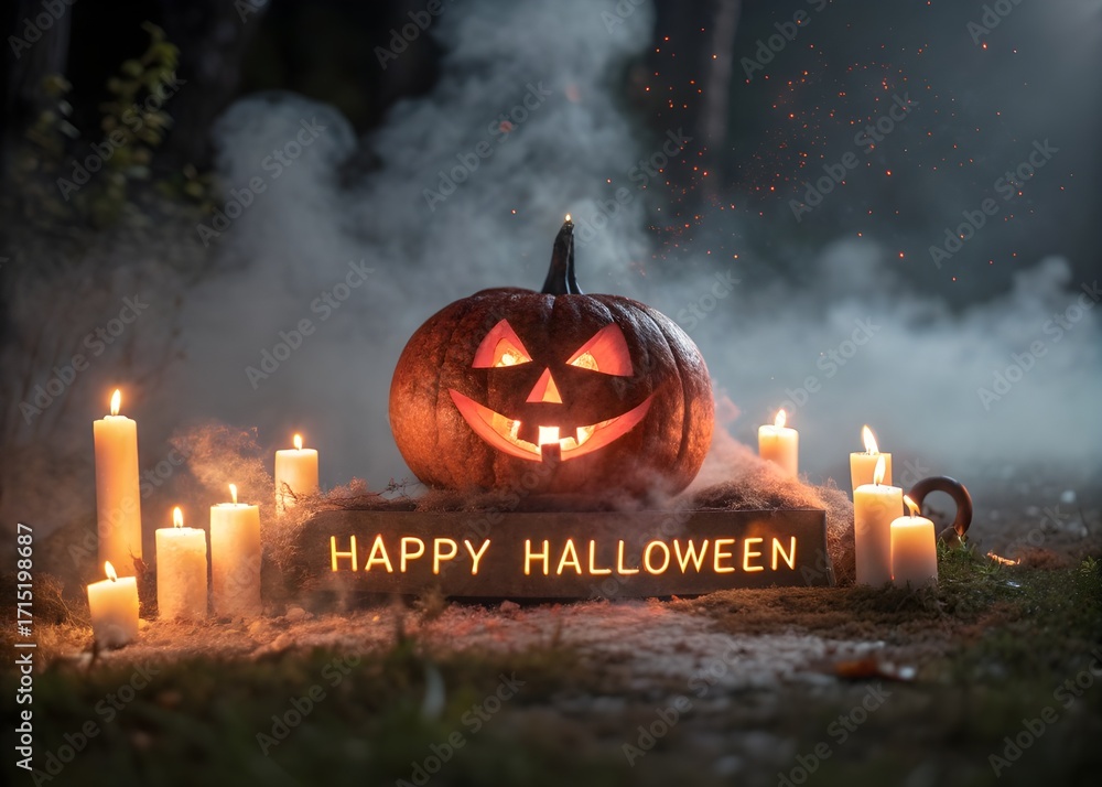 Fototapeta premium Halloween Glowing Jack-o'-Lantern with Candles and Happy Halloween Orange Letters on Misty Dark Background